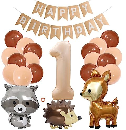 Jxuzh Luftballon 1. Geburtstag Deko Tiere und Kinder, Aprikose-Braun, Dschungel Waldtiere, 1 Jahr