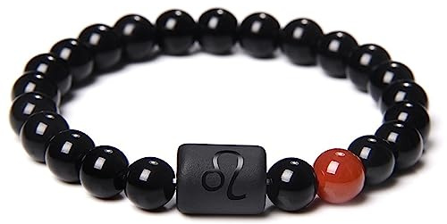 LODMLOER Leo 12 Costellazione Segni Zodiacali Perline Braccialetto - Bracciale Per Coppie Naturale Onice Nero Pietra Braccialetto Elastico Con Ciondoli Per Donna Uomo Regalo Di Compleanno,Leo