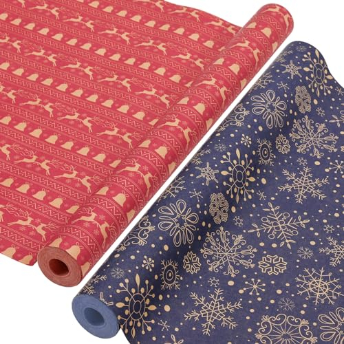 AhfuLife 2 Rollen Geschenkpapier Weihnachten, 43cm x 15m Weihnachtspapier Set, Nature Kraftpapier Weihnachtsgeschenkpapier für Weihnachten Papier Xmas Geburtstag Geschenk Verpackung