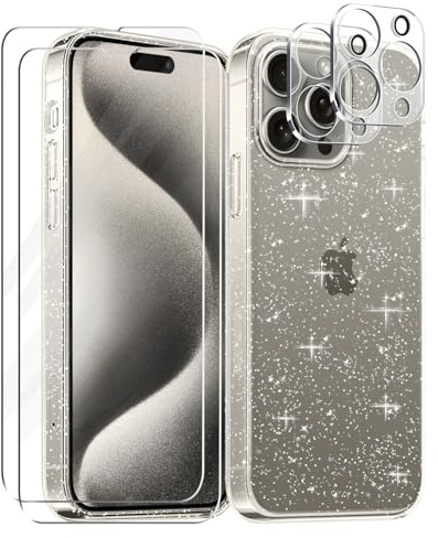 Tikgue Hülle für iPhone 15 Pro Hülle mit 2 Stück Display Schutzfolie und 2 Stück Kamera Folie, 360 Grad Handyhülle Glitzer Transparent Silikon Schutzhülle Slim Weich TPU Case