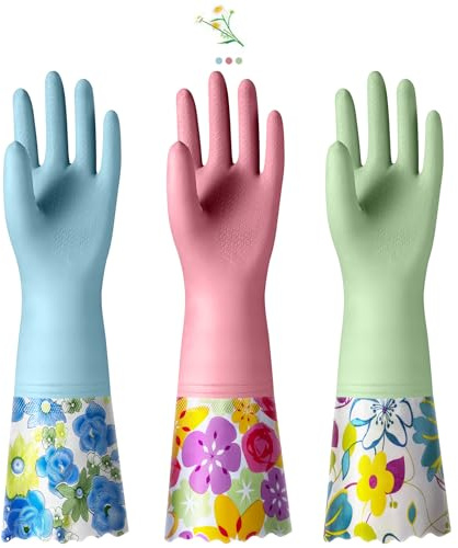 KAQ 3 Pairs Rubber Cleaning Gloves, Reusable Dishwashing Gloves for Kitchen with Cotton Liner, Long Cuff 16, Waterproof Non-Slip Household Gloves for Bleaching Bathroom, Laundry, Gardening (Large)