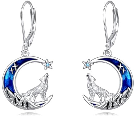 Tier Ohrringe Geschenke für Damen Mädchen Sterling Silber Abalone Mountain Wolf Ohrringe Mond Stern Leverback Ohrringe Schmuck Geschenke