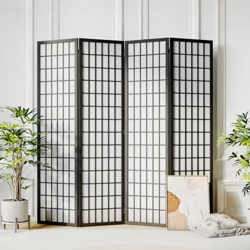 JOSTYLE 6ft Room Divider Wall Shoji Screen, 4 Panel Folding Privacy Screen for Room Separation, Japanese Wood Room Divider, Black, 70.9 H x 69 W