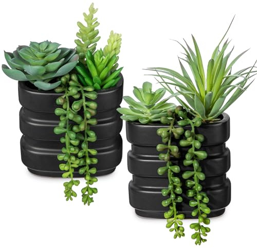 Hollyone 2 suculentas artificiales en macetas de cerámica, arreglo de suculentas falsas de doble uso en macetas negras, plantas artificiales colgantes para decoración del hogar, sala de estar, baño,