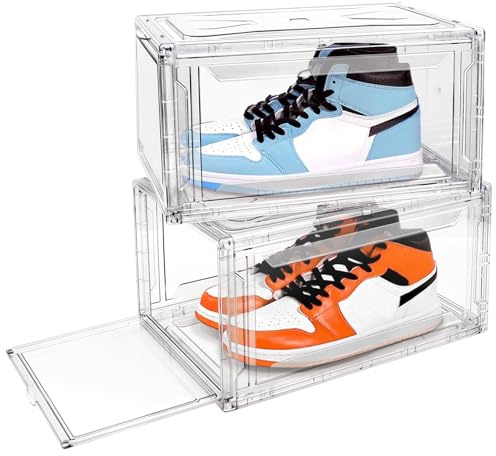 DigiTizerArt Clear Sturdy Shoe Storage Box Stackable Shoe Organizer X-Large Shoes Bin Space Saving Shoe Container Shoe Display Box with Magnetic Closure 2 Pack