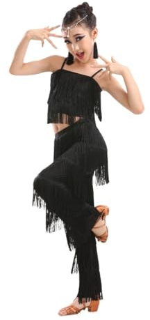 Falda Con Flecos De Baile Latino For Niñas, Top Corto + Pantalones, 2 Piezas, Ropa De Baile De Competición, Vestido De Baile De Salsa Tango Con Borlas, Disfraz De Actuación En Escenario(Black,130cm)