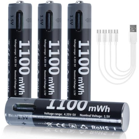 Anern 4PCS Pile Rechargeable AAA Au Lithium 1,5V 600 mWh Plus de 1500 Cycles Batteries à Charge Rapide avec Câble de Charge Type C