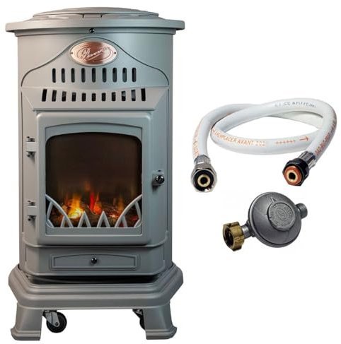 Universal - Poêle à gaz Provence 3,4 KW Gris Perle Effet poêle à Bois Fonte véritable Chauffage d'appoint gaz + Tuyau gaz et détendeur