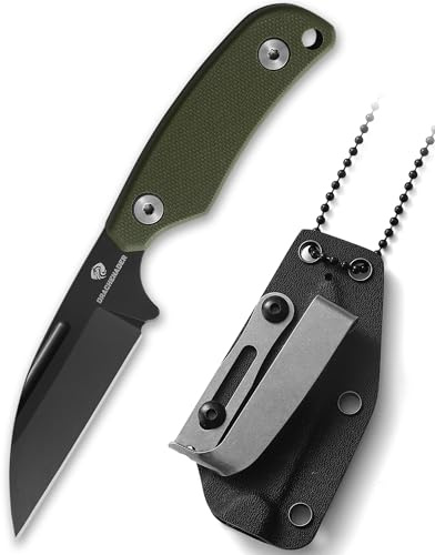 DRACHENADER Coltello da collo in acciaio D2, mini coltello da outdoor con fodero in Kydex, catena a sfera, clip da cintura, lama con finitura blackwash e manico in G10 verde
