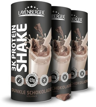 Layenberger 3K Protein Shake Dunkle Schokolade (3x360 g) | 74 % Eiweiß, nur 4,3 % Kohlenhydrate, 9 g Zucker, insgesamt 1080 g