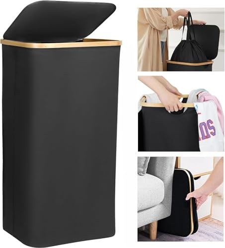 Eyeleaf Panier à Linge avec Couvercle, 100L Grand Corbeille à Linge avec Poignées en Bambou, Pratique Paniere a Linge Sale avec Amovible grand filets pour la Salle de Bain, la Buanderie (Noir)