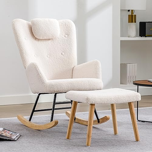 Ymkua Schaukelstuhl Wohnzimmer mit Hocker, Schwingsessel Armlehnsessel, Armlehnstuhl mit Kopfstütze und Fußstütze Sessel Schlafzimmer, Weiß Armchair mit Ottoman für Erwachsene Kinder, 65x82x94cm