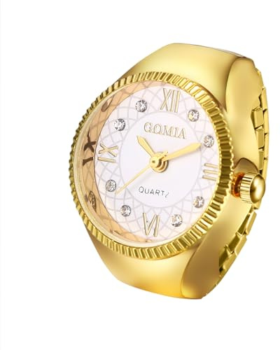 JewelryWe Unisex Finger Ring Watch: Men Women Gold Elastic Stretchable Band Roman Numerals Round Dial Stainless Steel Quartz Ring Watches for Halloween