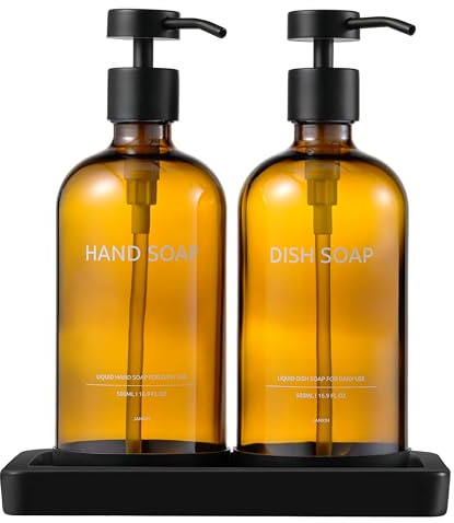 Janxin 500ml Seifenspender Glas Braun Mit Keramiktablett, Shampoo Flaschen zum Befüllen für die Küchen- und Badezimmerdekoration (Braune Flasche + Schwarzer Kopf)