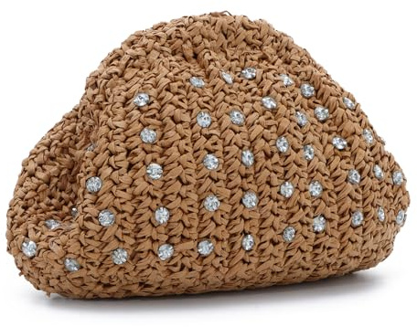 EVEOUT Straw Clutch with Rhinestone Women Summer Boho Raffia Beach Purse with Shoulder Chain Woven Dumpling Bag for Wedding Party Holiday