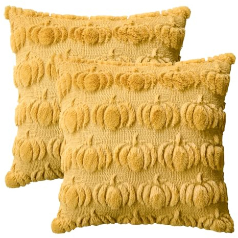 Artoid Mode Gelb Pelz Kürbisse Herbst 45x45 cm 2er Set Kissenbezüge | Saisonal Fall Weich Künstliche Plüsch Samt Sofakissen Zierkissenbezug Schlafzimmer Deko