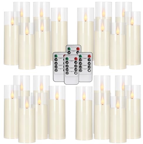 Wfmolcand 24-Pack Acrylic LED Flameless Pillar Candles with Remote & Timer, Battery Powered - Perfect for Indoor/Outdoor Decor,Wedding,BBQ and Gift - Easily Create a Magical Atmosphere.(Ivory)