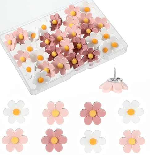 30Pcs Push Pins, Thumb Tacks for Bulletin Board, Flower Decorative Pins and Tacks, Cork Board Thumbtacks, Cute Thumbtack for Office Decorative (pink)