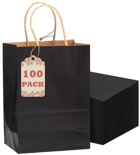 Gcardist 100 st svarta presentpåsar med handtag bulk 21,1 cm x 15,2 cm x 8 cm litet format kraftpåse flera användningsområden (15x8x21, litet format)