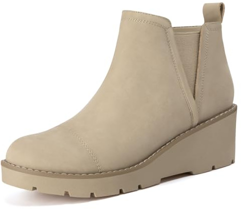 Athlefit Women's Wedge Chelsea Boots Platform Lug Sole Elastic Short Khaki Ankle Booties Size 8