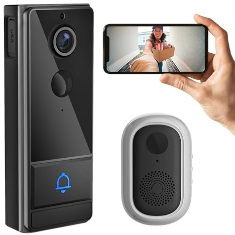 Campanello senza fili con fotocamera, 1080P WiFi Campanello senza fili esterno, Rilevamento Umano PIR, Visione Notturna Colore, Audio Bidirezionale, IP66 Impermeabile, Supporta Storage Cloud