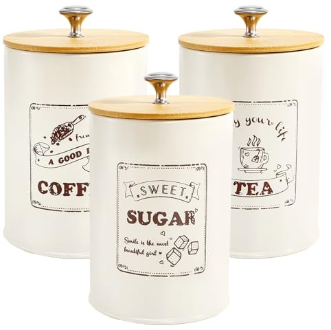 Youeon Metal Canisters Sets for the Kitchen, 40 Oz Coffee Sugar Tea Container Set, Farmhouse Style, Food Storage Containers with Lids for Countertop, Cabinet, Coffee Bar Decor, Beige