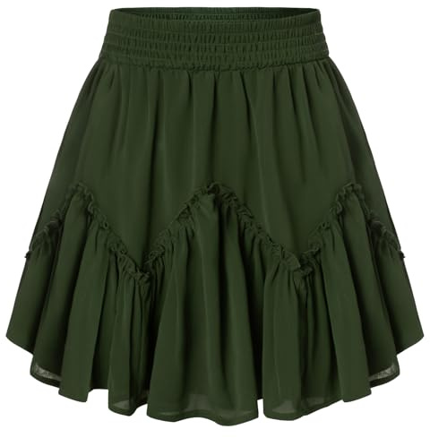 SCARLET DARKNESS Gonna mini da donna estiva in chiffon elastico a vita alta gonna corta con tasche gonna skater, verde oliva, L