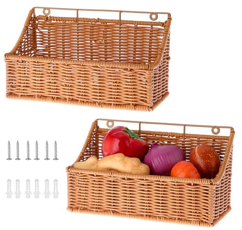 OGANAZI Set of 2 Woven Storage Baskets Kitchen Storage Baskets Wall Mounted | Wicker Basket for Potato Onion Storage Garlic Fruits Vegetables Baskets for Kitchen Organizers Pantry Cabinet Organizer