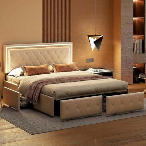 BRILVERDE Cama tapizada 140x200 con Almacenamiento, LED, Cama Doble con cabecero Ajustable, con 4 cajones, Cama Juvenil con Base de Láminas, para Adultos, PU (Beige, 140 x 200 cm)