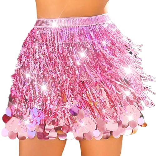 Zoestar Falda Rosa de Lentejuelas Falda Brillante para Danza del Vientre Disfraz de Sirena para Mujer (FR/ES, Letras, Talla única, Regular, Regular, Rosa)