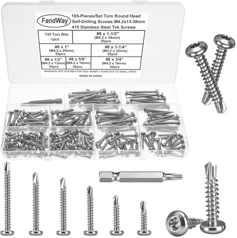 FandWay 185 Stück Torx Bohrschrauben,Linsenkopf Selbstbohrende Schrauben,M4,2x13~38mm Rundkopf Selbstbohrschrauben,Edelstahl 410 Blechschrauben Metalldachschrauben Sortiment mit 1 TX20 Bits.