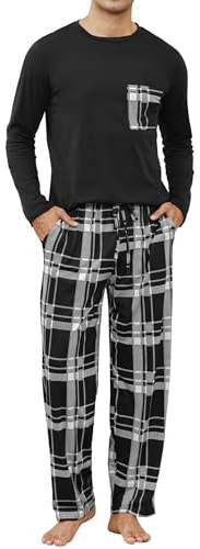 TeJoyce Pyjama Homme Coton Long, Ensemble Vêtements de Nuit Chaud pour Hiver et Automne, 2 Pièces Haut Col Rond et Pantalon à Carreaux avec Poches, Doux et Confortable pour la Maison S-XXL