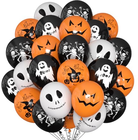 Palloncini Halloween, 50 Pezzi Palloncini in Lattice con Motivi Spaventosi-20 Arancioni, 20 Neri, 10 Bianchi, Fantasmi, Zucche Modello, per Forniture Feste di Halloween