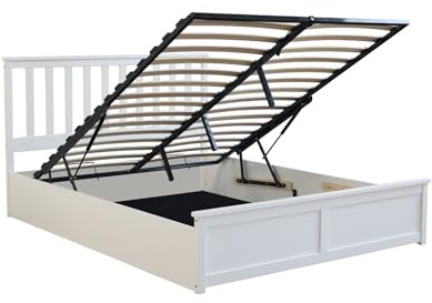 White Double Ottoman Bed Frame with Storage – 4ft6 Pine Wood, Lift-Up Slats, Modern Stylish Design, Bedroom Furniture