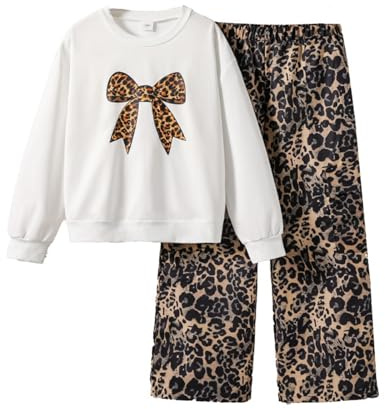 Tracksuit Set Kids Girls Hoodies Sweatshirt and Tracksuit Bottoms Sweatpants 2 Piece Leopard Print Long Sleeve School Pullover Jumper Fall Winter Clothes Sets Teen Girls Age 7-12 (Brown, 8-9 Years)