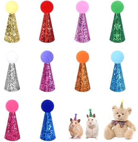 Geburtstagshut für kleines Haustier, Mini Partyhüte für Kuscheltiere, Stofftiere, bunt, glitzernd, für Welpen, Katzen, mit verstellbarem Riemen, für kleine Tiere, Kinder und Plüsch-Teddys