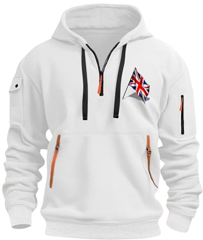 Zip Hoodies for Men UK Quarter Zip Pullover Tactical Sweatshirt Union Jack Colour Vintage Long Sleeve Casual Fashion Workout Gym Sports Hoodie with Pockets