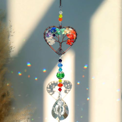 Tree of Life Suncatchers, Heart Shaped Sun Catcher for Windows, Healing Crystal Stone Spiritual Gifts for Woman Ladies Girls