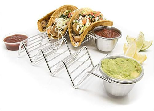 Buachois Soporte para Tacos de Acero Inoxidable con Taza de Salsa | Rejilla para Panqueques Mexicanos Que Puede Contener 3 Tacos, Soporte para Tortillas, Bandeja para Taco
