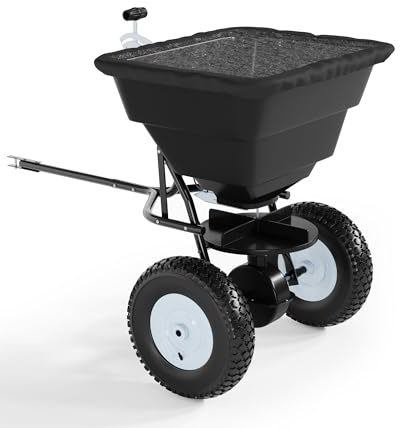 Garvee Tow Behind Broadcast Spreader, 85 LBS Capacity Seed Spreader with Hopper Cover & Universal Hitch, Adjustable Flow Control Lawn Spreader for for Seed, Fertilizer, Salt, Ice Melt, Black