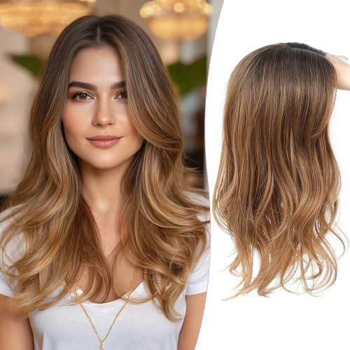 Ms Taj Haarteile für Damen 45 cm Dark Brown Root to Caramel Blonde Lässige Wellen Haarteil bei dünnem Haar Synthetik Haarausfall, extra Volumen,schnelle Frisurenveränderung