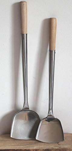 Asia Art Factory AAF Nommel®, Wok Spahtel Pfannenwender 2 er Set flach 006 Edelstahl Größe S und L – 43/48 cm lang, mit Holzgriff, genietet