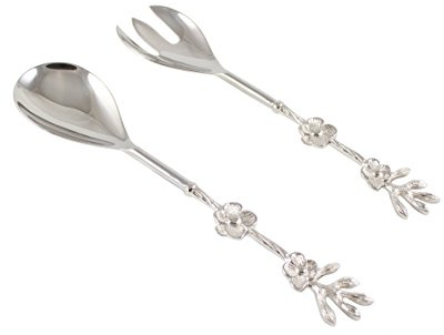 Server Set, Hostess Set, Serving Spoon and Fork, Flower Design, 2-piece 18/10 Stainless steel with brass handles (slight antique silver finish)