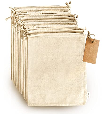 Leafico Sacos de Algodón Reutilizables Tamaño Mediano 20x25 cm (Pack de 12) – Bolsas de Tela con Cordón Ecológicas para Garbanzos, Café, Frutas Pequeñas, Panecillos y Almacenamiento Natural