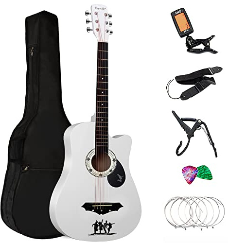 4/4 Size 38 Classic 6 Strings Acoustic Guitar Full Package Pack with Accessories (White)