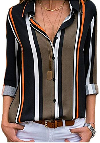 Minetom Donna Camicetta Chiffon Blusa Elegante Camicia Manica Lunga Scollo V Camicetta Camicia Bavero Elegante Bluse C Nero IT 46