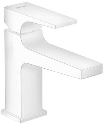 hansgrohe Wasserhahn Metropol, wassersparende Armatur mit langem Auslauf 127mm und Höhe 100mm mit Push-Open Ablaufgarnitur, Mattweiß