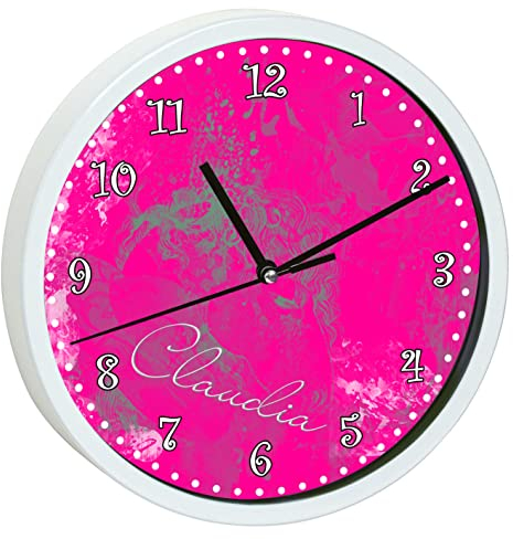 CreaDesign, Wanduhr Kinder personalisiert mit Name, Motiv Traum pink, Rahmen Wanduhr weiß, Ø 19,5 cm