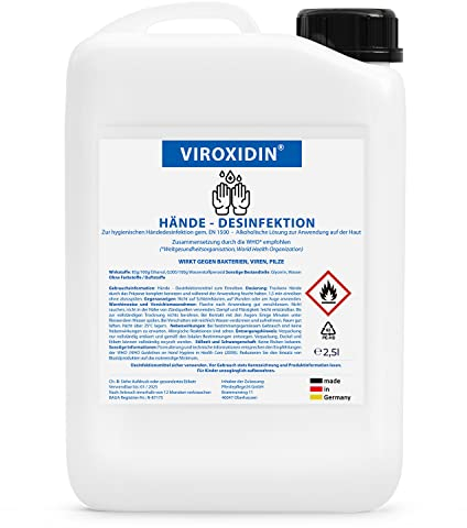 Viroxidin Desinfektionsmittel für Hände Viruzid - 83% Alkohol (Ethanol) - Hygienische Handdesinfektion gegen Bakterien, Viren & Pilze zum Einreiben - Hände Desinfektionsmittel 2,5l Kanister