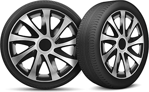 Moltico Copricerchi - Set Copricerchi Universale 4 Pezzi - Adatto a Tutti i Cerchi in Acciaio - Copri Cerchioni - Anello di Sicurezza Regolabile - Nero-Argento - 16 Pollici